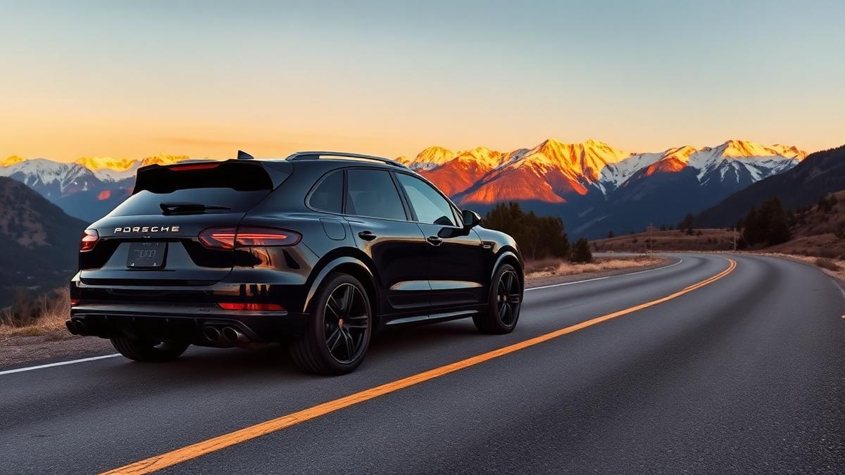 Black Porsche Cayenne with Montana mountains at sunset